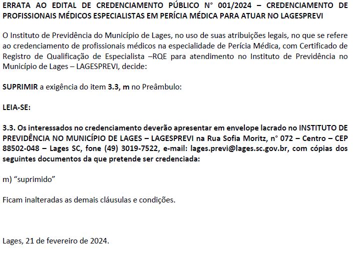 ERRATA - EDITAL DE CREDENCIAMENTO DE ESPECIALISTA EM PERÍCIA MÉDICA