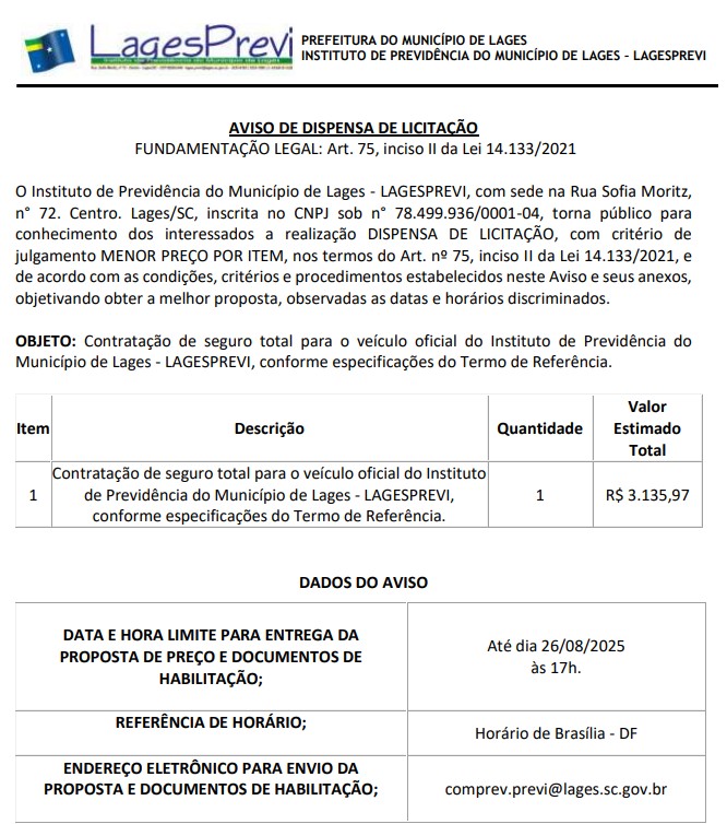 AVISO DE DISPENSA DE LICITAÇÃO -  Contratação de empresa para Aquisição de Seguro Veicular para o veículo do Lagesprevi